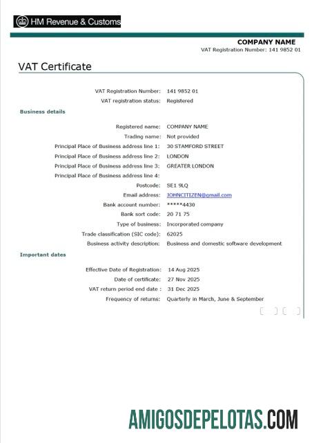 Certificado de IVA do Reino Unido para impressão, modelo Word e PDF